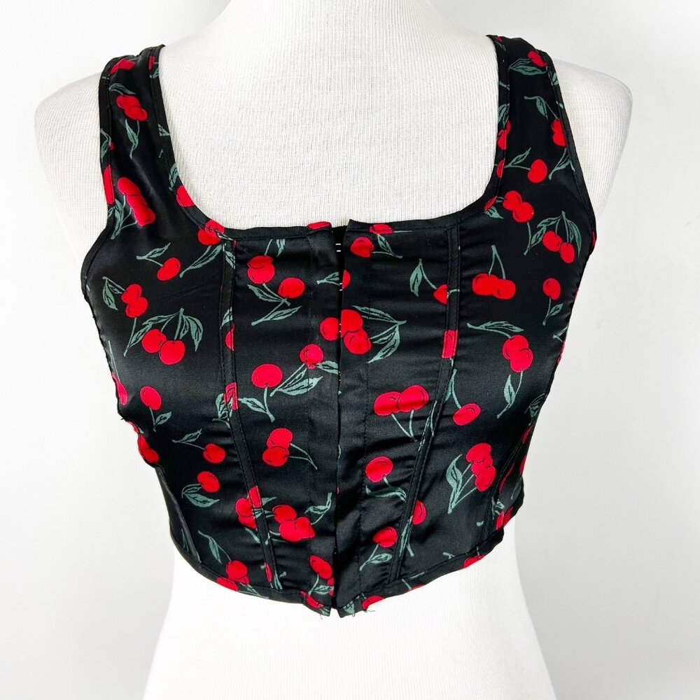 Y2K Mixed Threads Corset Style Tank Top black with Red Cherries Size Small Women